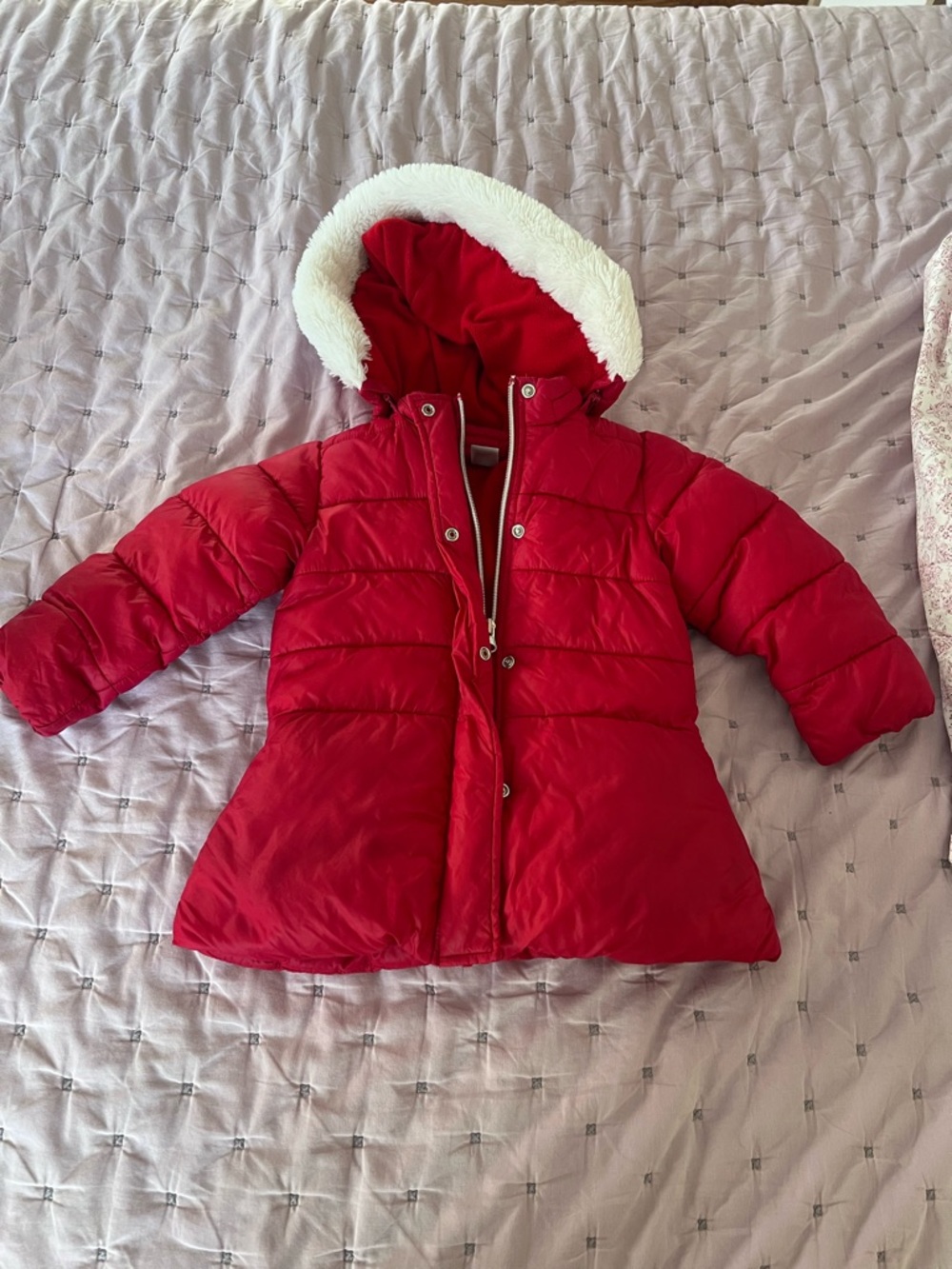 Petit Bateau Red Hooded Puffer Coat with Faux Fur Trim